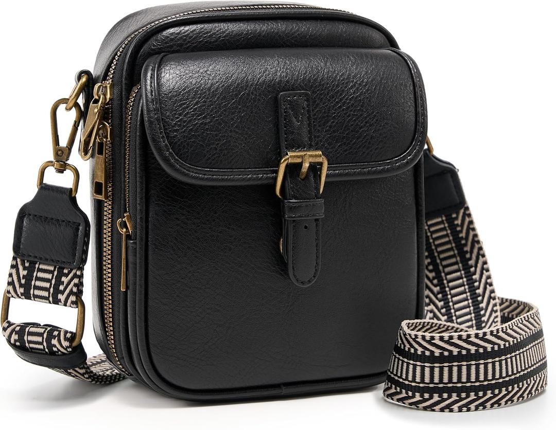 Small Messenger Bag Vegan Leather Crossbody Bag for Women Men, Vintage Cross Body Shoulder Purse with Card Slots (Wide Strap-black)