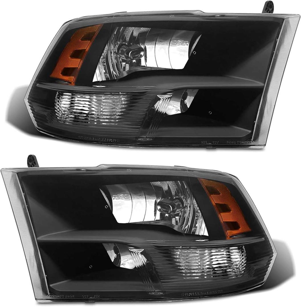 for 2009-2018 Dodge Ram Headlight Assembly compatible with 2009-2018 Ram 1500/2010-2018 Ram 2500 3500 Black Housing Amber Reflector Headlamp Replacement Left and Right