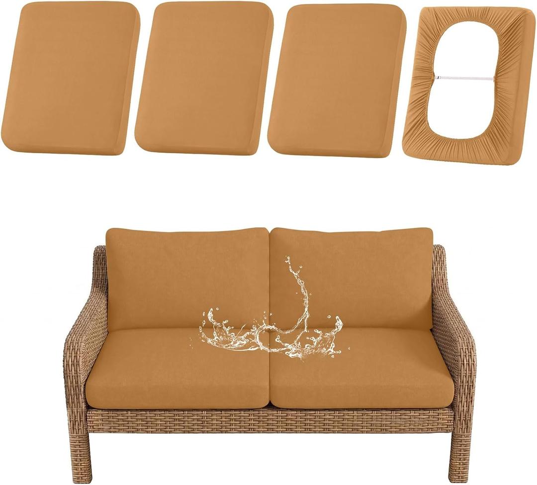 hyha Waterproof Outdoor Cushion Covers for Patio Furniture, Stretch Patio Chair Cushion Slipcovers, Coated UV Resistant Replacement Seat Covers, Solid Color (Camel, 4PC)