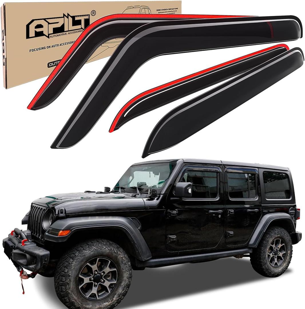 Outside-Mount Window Visors Rain Guards for Jeep Wrangler JL 2018-2026/Jeep Gladiator 2020-2026, Full-Size Wind Vent Deflectors Car Accessories Dark Smoke 4-Piece Set with Thicker