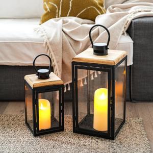 TRIROCKS Set of 2 Decorative Candle Lantern 16'' & 11'' High Metal Candle Holder Hanging Lantern Perfect for Home Decor Patio Living Room Parties Events Tabletop Indoors Outdoors (Black)