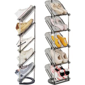 2 Pack Sloping Narrow Shoe Rack 5 Tiers - Free Standing Vertical Shoes Racks for Small Spaces and Corner, Shoe Storage Organizer for Entryway, Tall Slim Shoe Shelf Cabinet for Shoes and Boots (Clear)