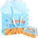 Jadsmpi 13" Large Dog Paw Print Gift Bags with Cards Tissue Paper,Blue Yellow Puppy Paw Print Bag, Cat Dog Pet Theme Birthday Gift Bag Party Supplies Decoration
