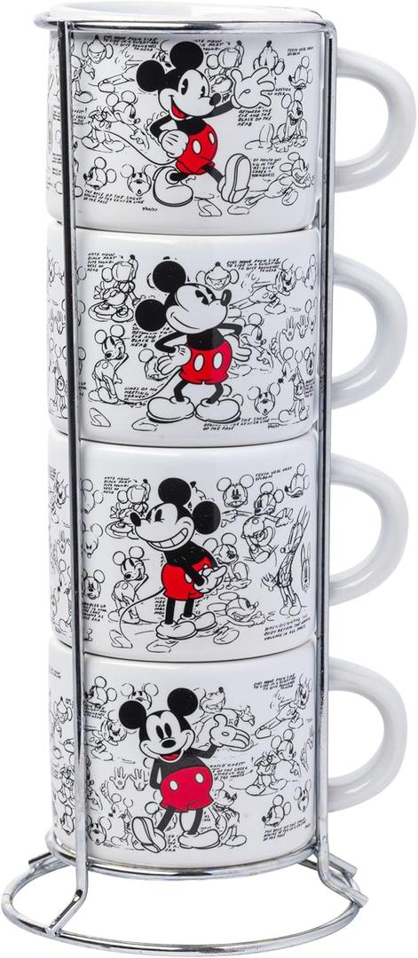 Silver Buffalo Disney Mickey Mouse Vintage Sketches Art 4pc Stackable Ceramic Espresso Small Cup Set, 3 Ounces
