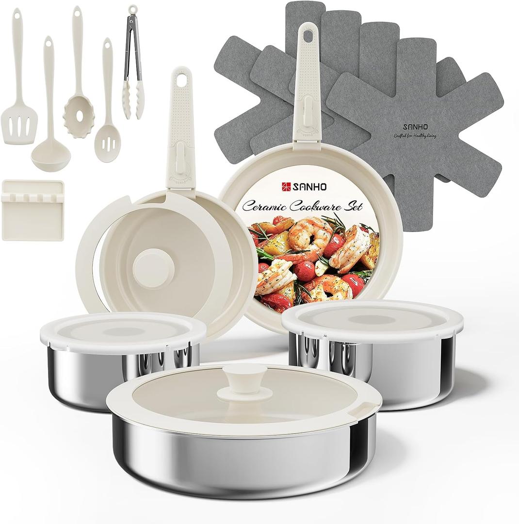 Sanho 21PCS Pots and Pans Set Non Stick, Ceramic & Stainless Steel Cookware Set with Detachable Handles, Induction Cookware, Oven/Dishwasher Safe, Frying Pans with Kitchen Essentials, Beige White