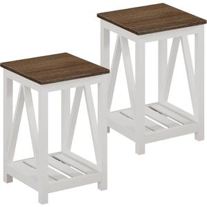 ChooChoo Farmhouse End Table, Rustic Vintage End Side Table with Storage Shelf for Small Spaces, Nightstand Sofa Table for Living Room, Bedroom White 2 Pack