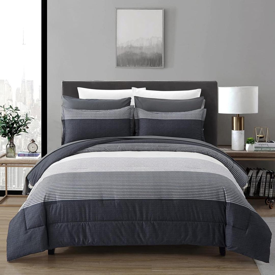 7 Pieces Bed in a Bag Black Grey Queen Size Comforter Set, Lightweight Striped Microfiber Bedding Comforter Sets for Queen Bed (1 Comforter, 2 Pillowcase, 2 Pillow Shams,1 Flat Sheet, 1 Fitted Sheet)