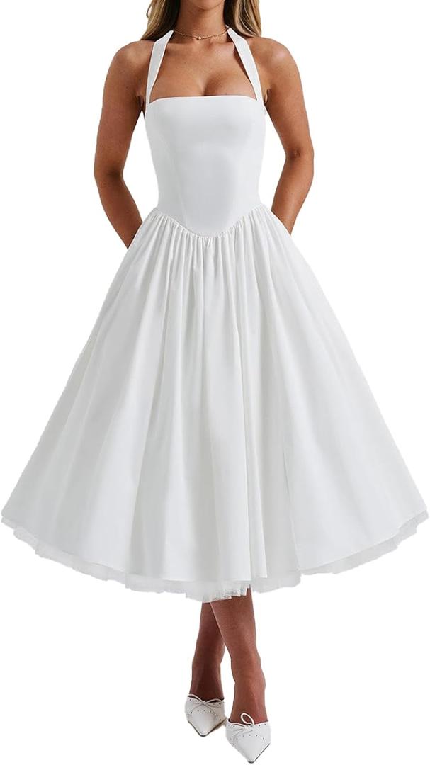 Women Halter Midi Dress Corset Back Layered Tulle Skirt A Line Formal Dresses Wedding Guest Bridal Shower (Medium, White)