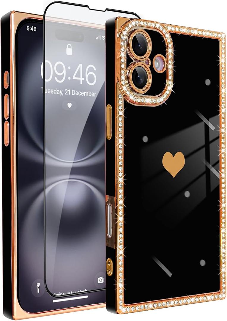 for iPhone 16 Plus Case Cute Love Heart Plating for Women, with Screen Protector, Glitter Sparkle Rhinestone Diamond Border Design Slim Rectangle Wireless Protection Case Cover, Black