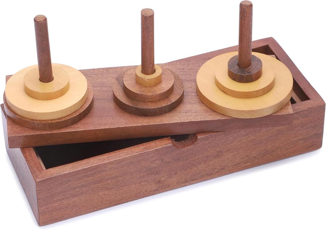 Ajuny Wooden Puzzle Board Games Hanoi Tower (9 Rings) with Storage Box for Brain Teasers Logic Games Kids and Adults Handmade Challenges Mastermind Educational Fun Learning Tower Puzzles