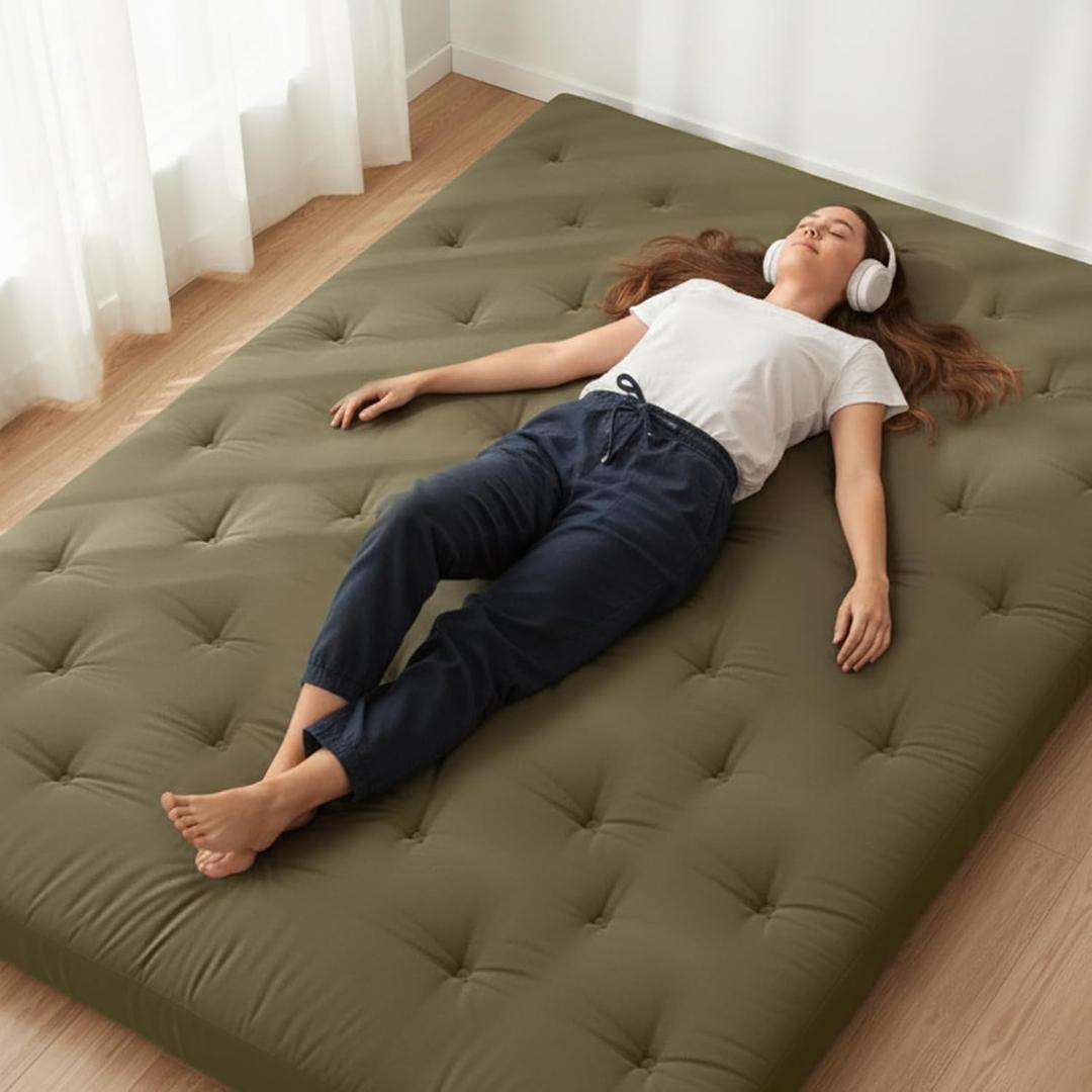 ZonLi Japanese Floor Futon Mattress 100% Cotton Washable Cover Foldable | 80" x 76" King Size 4" Thick Tatami Mat Sleeping Pad, Roll Up Floor Lounger Bed for Guest, Dormitory, Camping & Travel