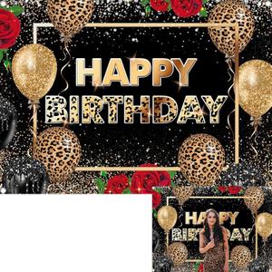 Leopard Birthday Backdrop Black Gold Leopard Print Happy Birthday Photography Background Red Rose Adult Party Decorations Banner Photo Props (7x5FT(2.1m x 1.5m))