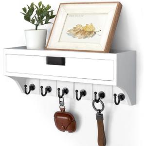 Rebee Vision Decorative Pine Wood Key Holder Wall Mount with Drawer Organizer Modern Mail Organizer with 6 Key Hooks and Storage Drawer Home Decor for Apartment Essentials (White)
