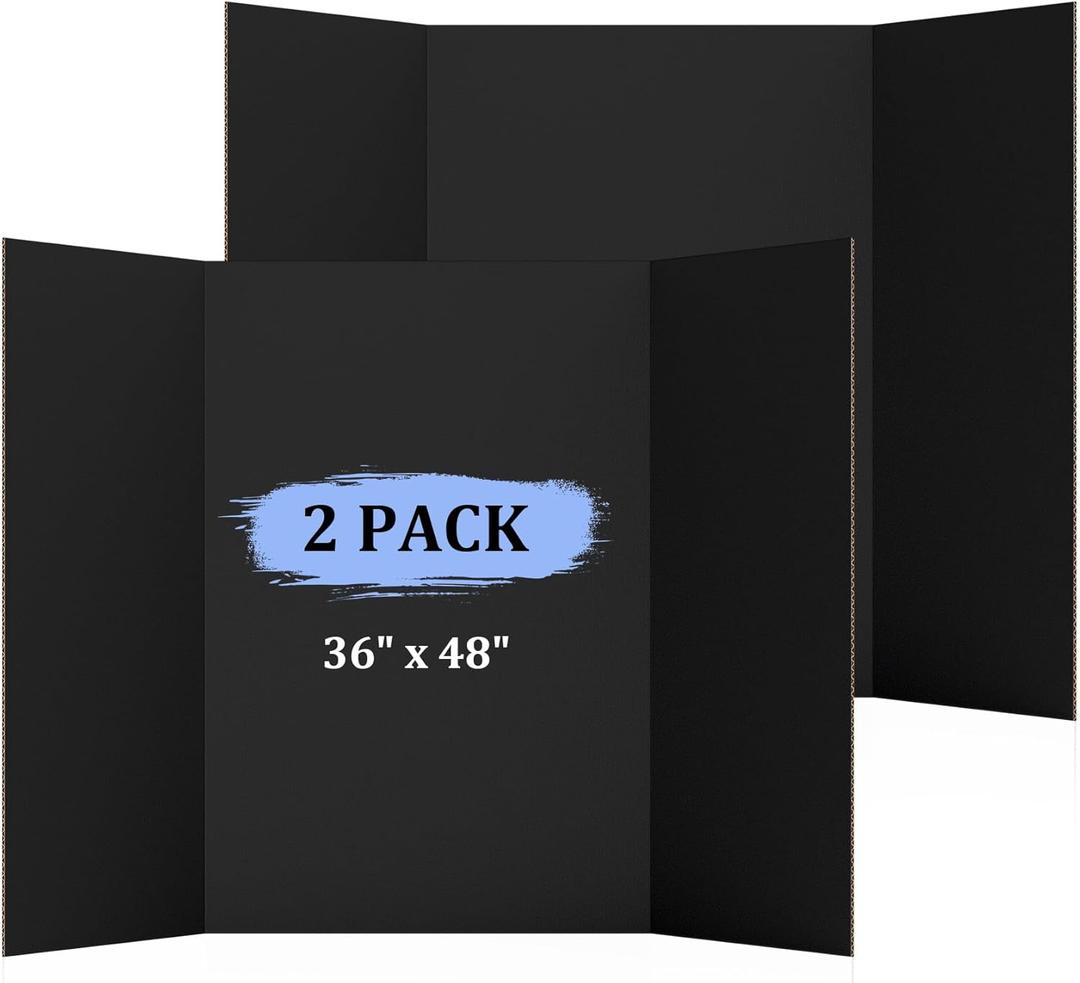 2 Pack 36" x 48" Trifold Poster Board for Presentation, Black Corrugated Cardboard Large Tri Fold Poster Board for Science Fair, Office or School Projects, Photo Displays, Exhibitions Event