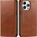 SHIELDON Case for iPhone 15 Pro Max 6.7", Genuine Leather Wallet Flip Magnetic Cover RFID Blocking Credit Card Holder Kickstand TPU Shockproof Case Compatible with iPhone 15 Pro Max 5G - Retro Brown