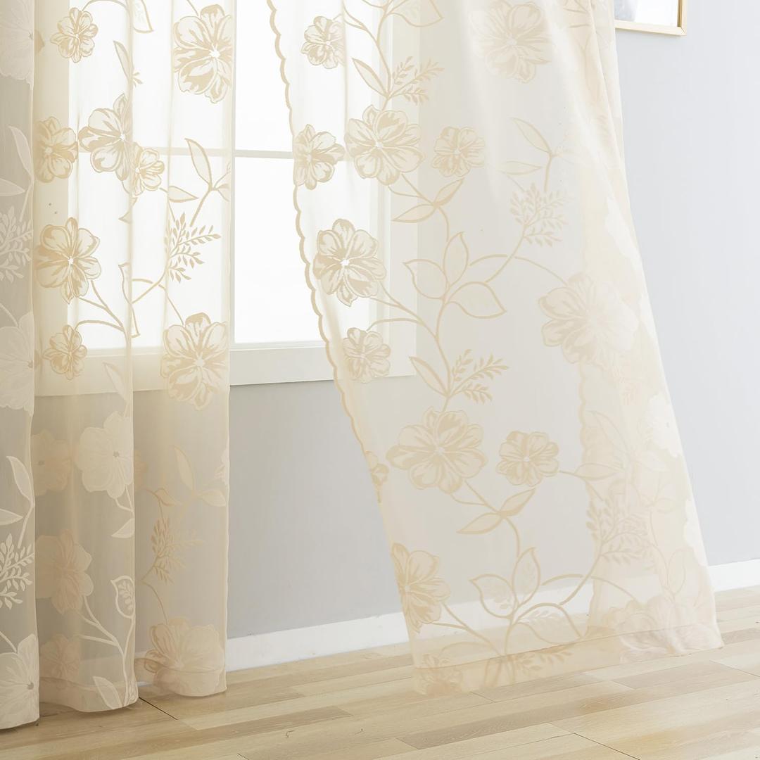 Ivory Sheer Lace Curtains for Bedroom Living Room Studio 84inch Long Vintage Rose Floral Embroidered Semi Sheer Curtain Panels Privacy Leaf Sheer Drapes with Scalloped Edge Beige, 54"w 2pcs 7ft