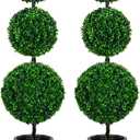 3FT Artificial Triple Ball Topiary Trees with Gray Planter Pot, Outdoor Indoor Realistic Faux Shrubs Plants, Fake Trees for Home Offices Porch Decor, Set of 2
