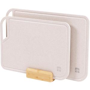 KitchenEdge Rice Fiber Cutting Board Set with Bamboo Stand for Cooking Prep, 2 Piece Kitchen Set, with Juice Grooves and Handles, (13.5x9.5, 15.5x11 in)