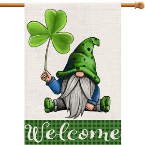 3 x St Patricks Day Gnome House Flag Burlap 28x40 Inch Double Sided, Green Lucky Shamrock Welcome Large Sign Farmhouse Yard Outdoor Decoration DF190-28