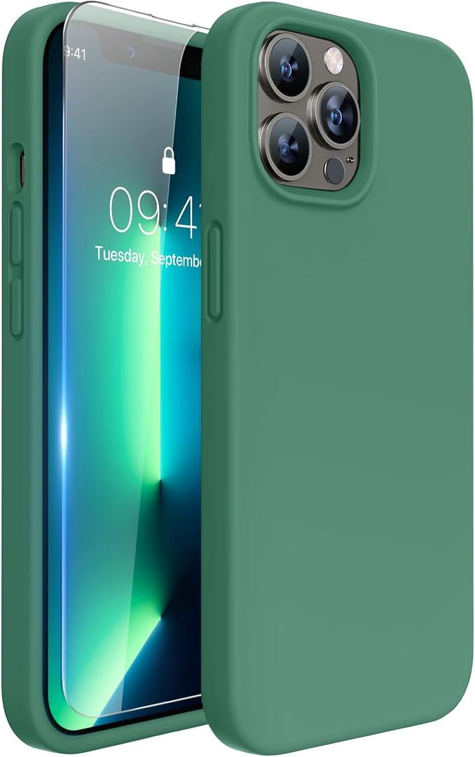 Miracase Designed for iPhone 13 Pro Max Case with Screen Protector,[Soft Anti-Scratch Microfiber Lining],Shockproof Liquid Silicone Rubber Phone Case Cover 6.7 inch, Acacia Green
