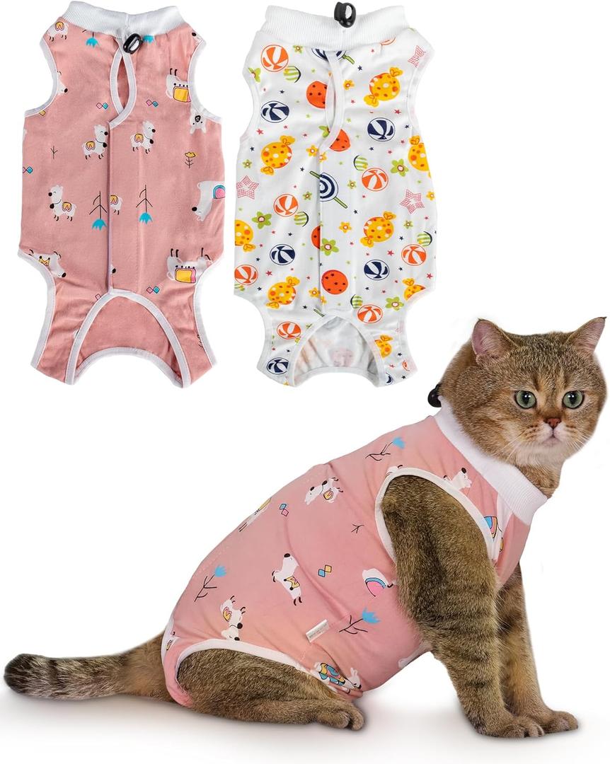 ANWA 2 Pack Cat Recovery Suit - Breathable Cat Onesie for Cats After Surgery Female, Kitten Surgery Recovery Suit Female Abdominal Wounds (Small, Alpaca + Candy)
