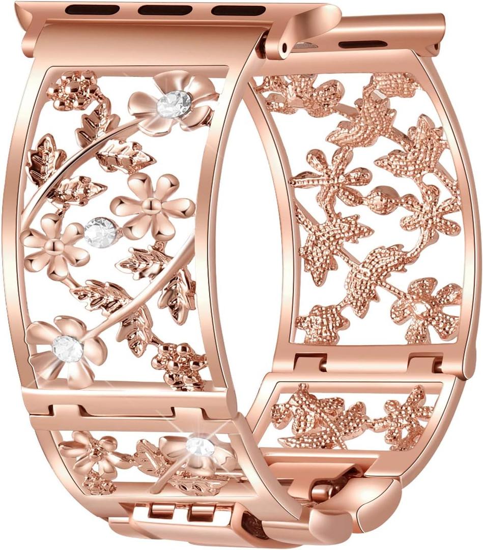 Floral Band Compatible with Apple Watch Jewelry Band 42mm 44mm 45mm 46mm 49mm iWatch Series 11 10 9 8 7,Bling Crystal Bracelet Hollow Metal Strap,Cute Women Wristband(42/44/45/46/49mm,Rose Gold)