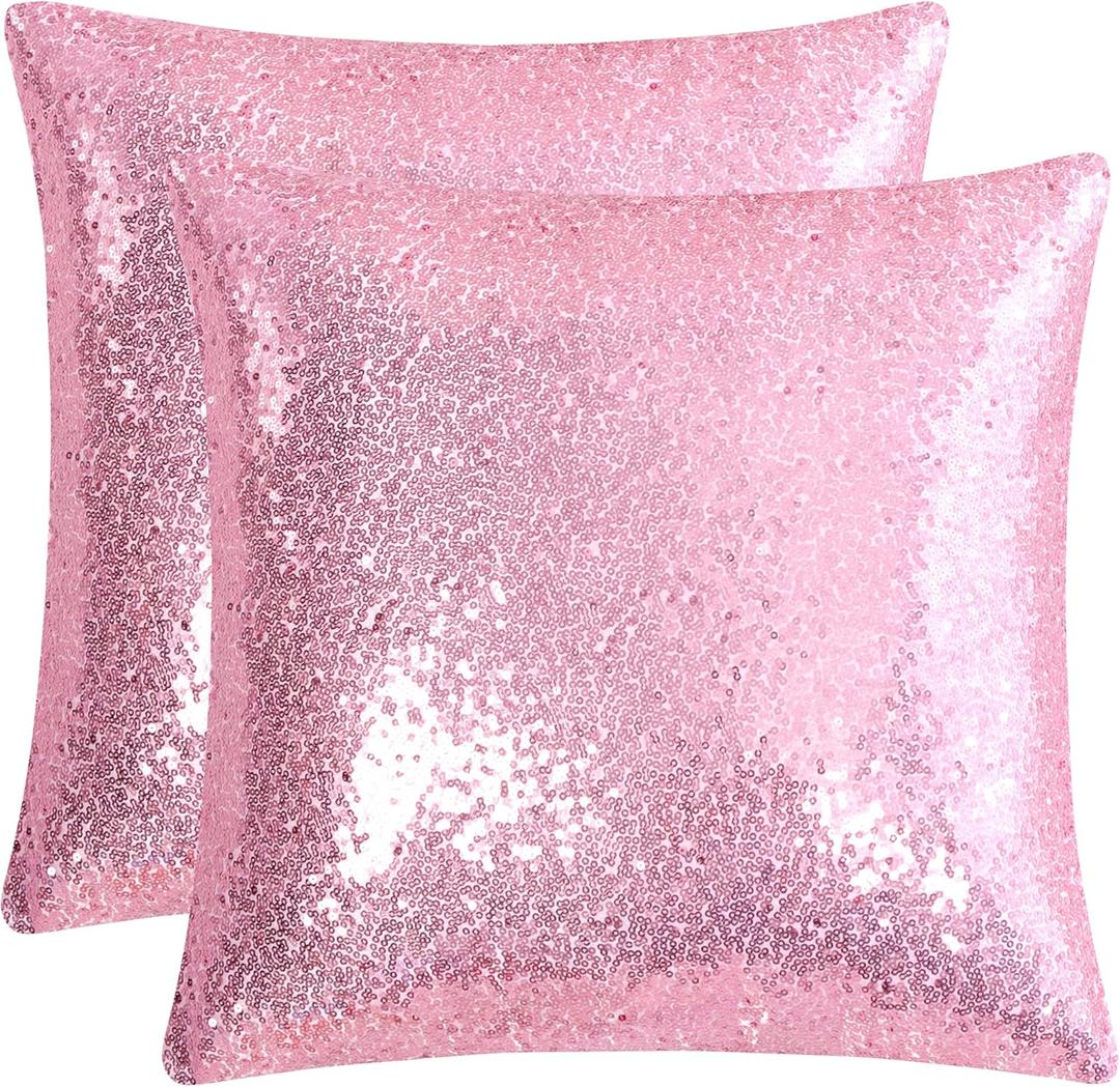 uxcell 2 Pcs Sequin Throw Pillow Covers, Shiny Sparkling Comfy Satin Cushion Covers, Decorative Pillowcases for Party/Christmas/Thanksgiving/New Year, 16 x 16 Inch, Shiny Pink