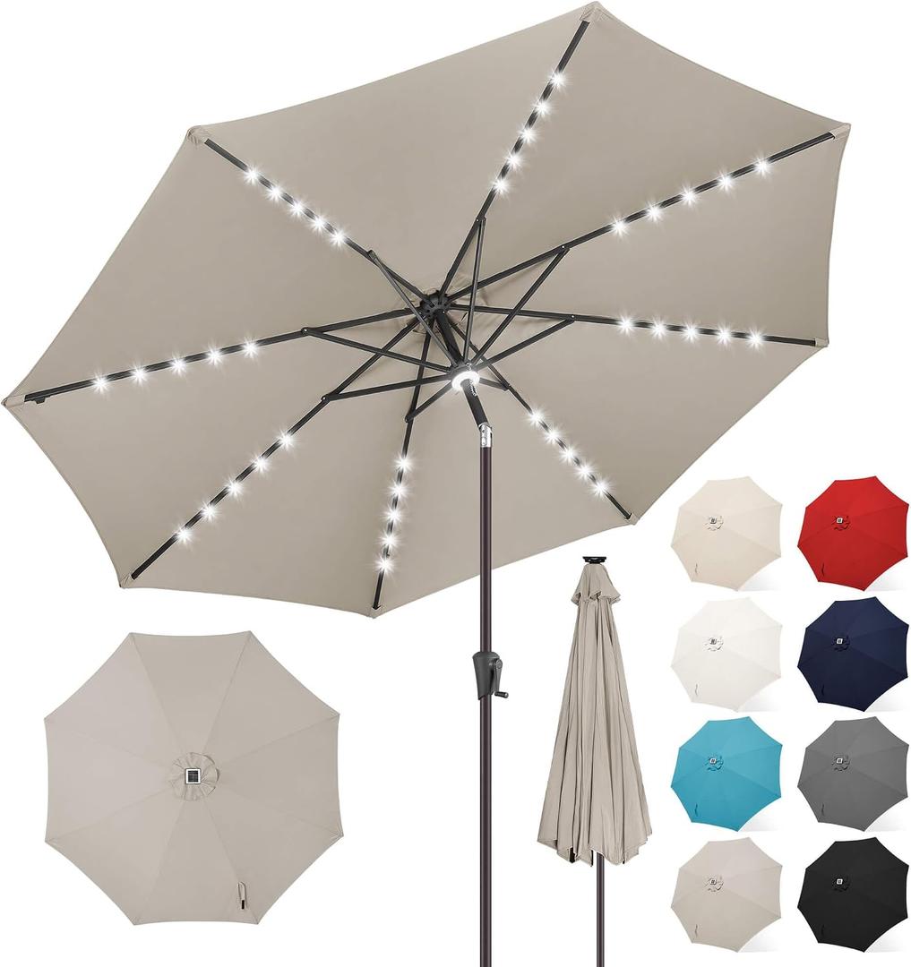 FLAME&SHADE 9 FT outdoor umbrella with 40LED lights, solar light patio umbrella with Centre Surround Light, Table Market Umbrella Outdoor Patiofor Deck, Pool, Backyard, Garden (Taupe)