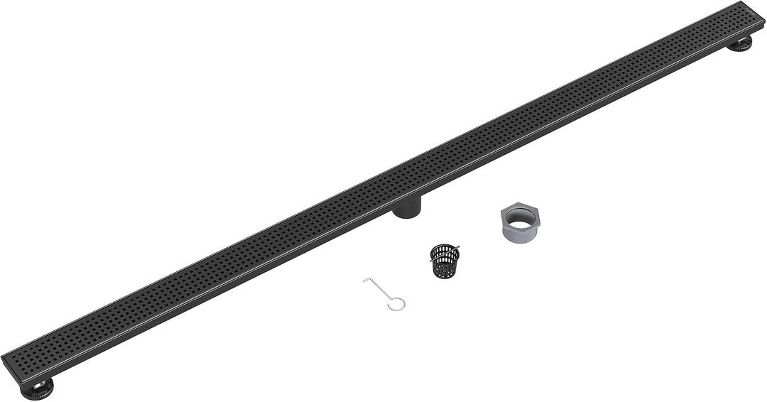 Neodrain 60-Inch Black Linear Shower Drain with Removable Quadrato Pattern Grate,Professional 304 Stainless Steel Rectangle Shower Floor Drain Manufacturer,Leveling Feet,Hair Strainer,Matte Black
