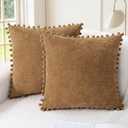CaliTime Throw Pillow Covers Decorative 16 X 16 Inches Pack of 2 Cozy Solid Dyed Soft Chenille Cushion Cases with Pom Poms for Couch Sofa Bed Living Room Home Apricot Brown