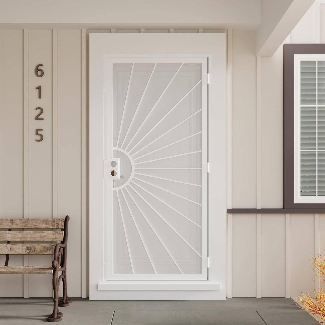 JUBEST 36 in. x 80 in. Security Door, Surface Mount Exterior Front Entry Door, Outswing Steel Security Door with Metal Screen, Powder Coated White, No Lock