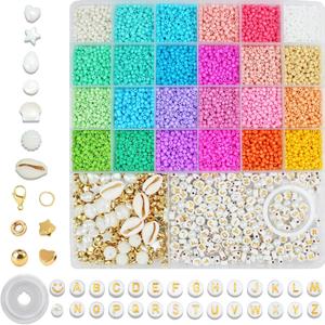 Naturahand 3mm Small Bracelet Making Kit Beads for DIY Bracelets Jewelry Making Kit with Alphabet Letter Beads Shell Pearls Friendship Bracelet Beads 24 Color