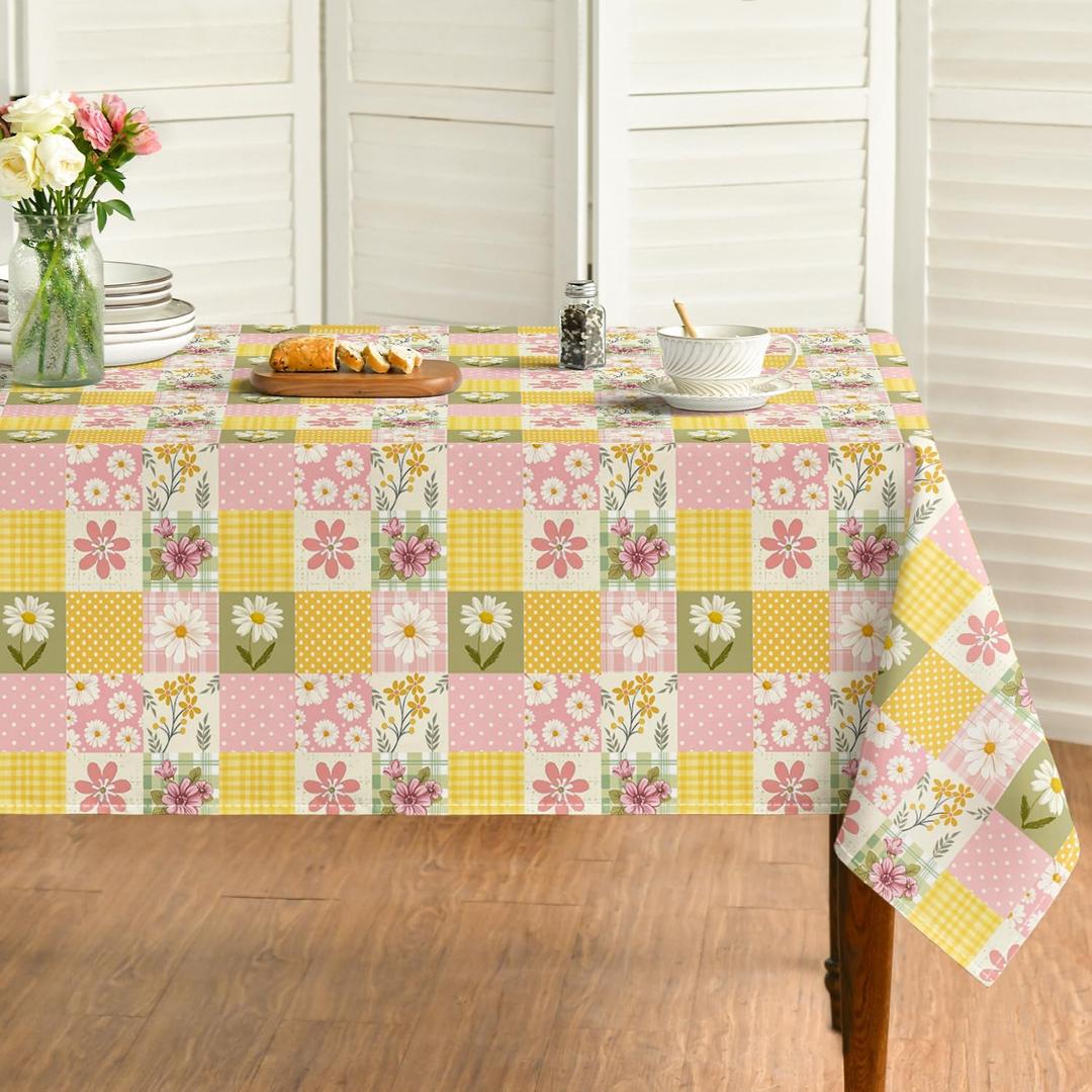 Horaldaily Spring Tablecloth 60×120 Inch Rectangular, Orange Buffalo Plaid Patch-Style Pattern Polka Dot Dasiy Washable Seasonal Table Cover for Party Picnic Dinner Decor