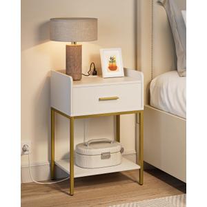Nightstand with Charging Station,3-Tier Bedside Table for Small Space,Modern Night Stand with Storage Drawer and Shelf,Small Side Table for Bedroom,Living Room,White