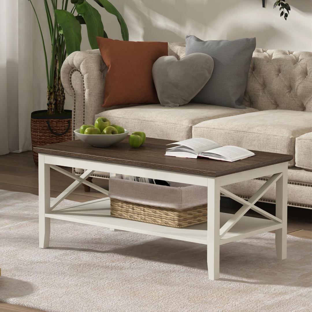 ChooChoo Farmhouse Coffee Table, Wooden Coffee Tables with Thicker Legs, White Coffee Table with Storage for Living Room (40 Inches, Soft White & Brown)