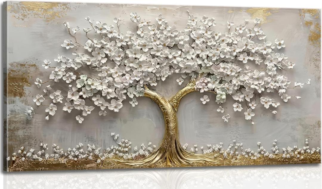 Large Tree of Life Canvas Wall Art Gold and White Flower Big Tree Painting Picture Wall Decor Botanical Floral Poster Print Artwork for Living Room Dining Bedroom, 48"L x 24"W