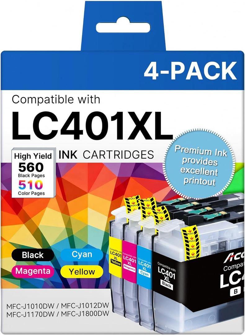 LC401XL Ink Cartridges for Brother Printer High Yield 4-Pack Replacement for Brother LC401 Ink Cartridges LC401 XL Work with MFC-J1010DW MFC-J1170DW MFC-J1012DW MFC-J1800DW Black Cyan Magenta Yellow