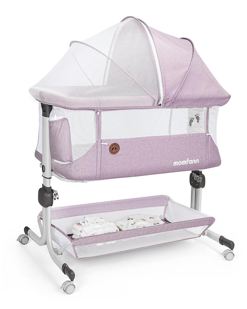 MOMFANN Baby Bassinet Bedside Sleeper, Upgraded Stability Bedside Crib with Full Mesh Sides, Soft Sheet, 6-Height Adjustment, Storage Basket, Easy Folding Portable Bassinet for Newborns,Pinkish Purple