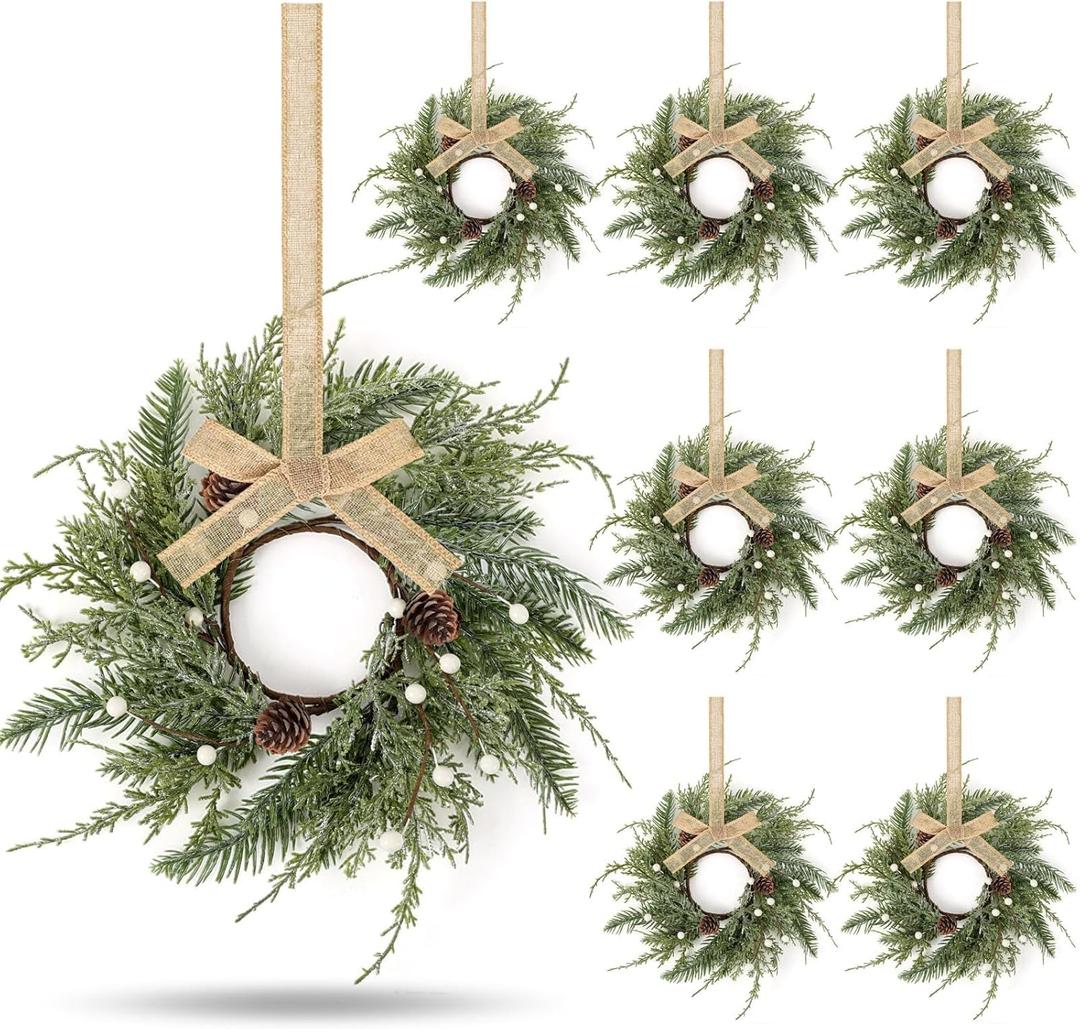 8 PCS Christmas Wreath Christmas Kitchen Cabinet Wreaths with Burlap Ribbon Mini Wreath Pine Garland Frosted Cedar Pine Cone Hanging Garlands Candle Rings for Front Door Window Chair Wall