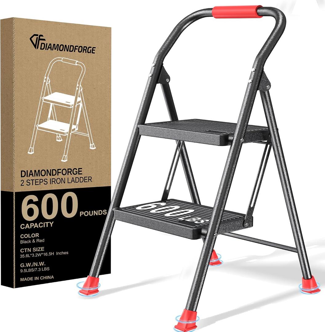 Step Ladder Foldable Folding Stool - for Home Adults Kitchen 2 Stepping Extension Tall Heavy Duty with Handrails - Closet Stepstool Stair Ladders Extendable Stepladder for Indoor House 600Lbs, Red, 2 Step