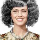 Old Lady Wig for Women Gray Granny Curly Wig with Necklace and Glasses for Halloween Costume Party Cosplay