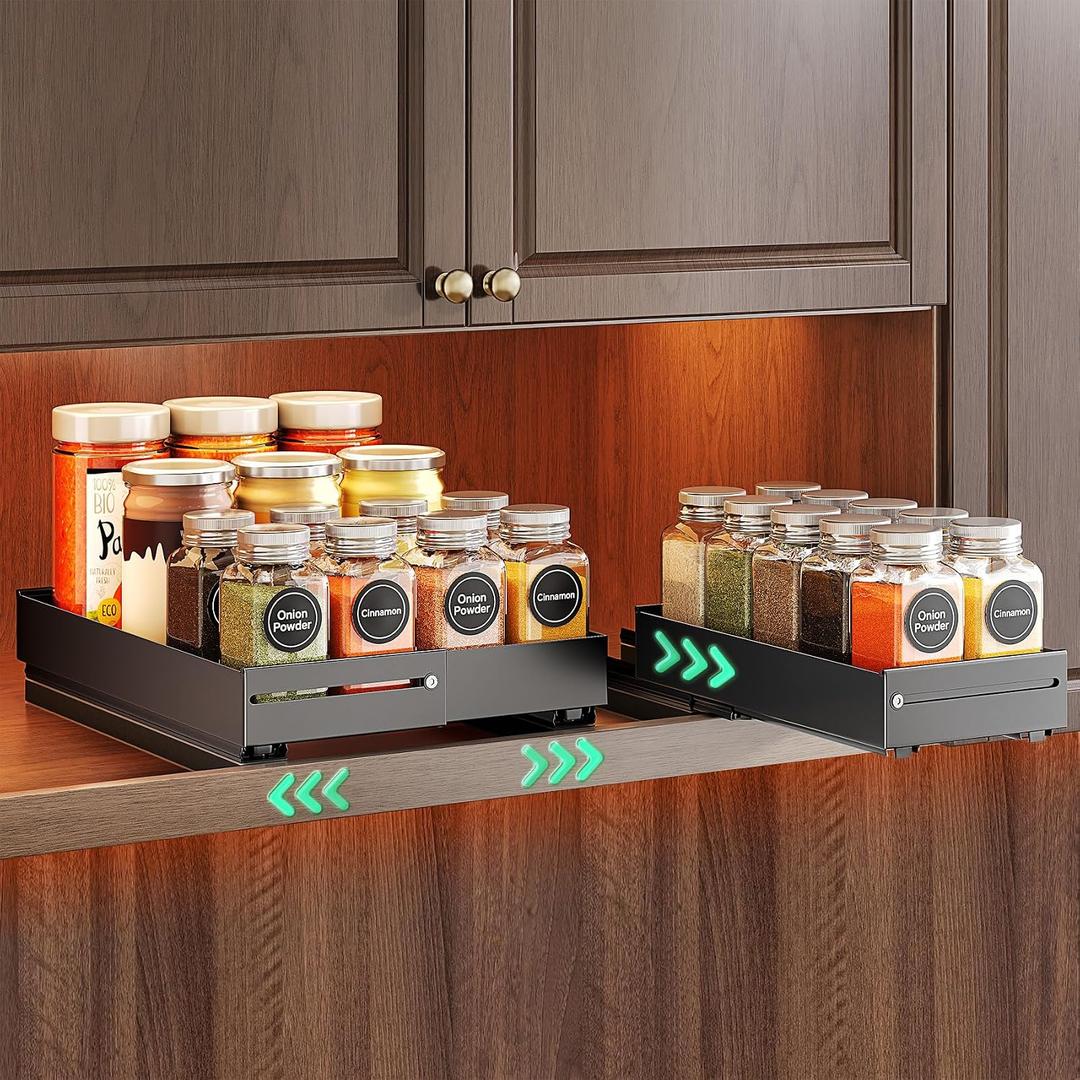 SNTD Pull Out Spice Rack for Upper Cabinet - Expandable Organizer with Smooth Ball Bearing Slides, No Drill Mounting Spice Storage for Kitchen (2 Pack, 4.1" to 7.2" W X 10" D X 2.2" H)