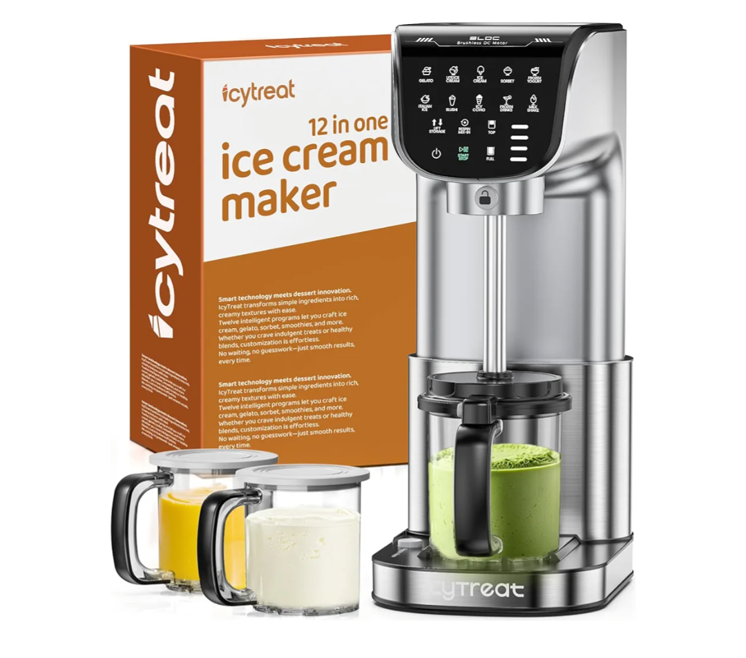 Ice Cream Maker Machine 12-in-1, Full Automatic Stainless Steel Homemade Ice Cream Maker for Sorbet, Milkshake, Frozen Yogurt & More, Easy to Clean Ice Cream Machine, (3) Family-Sized Tubs