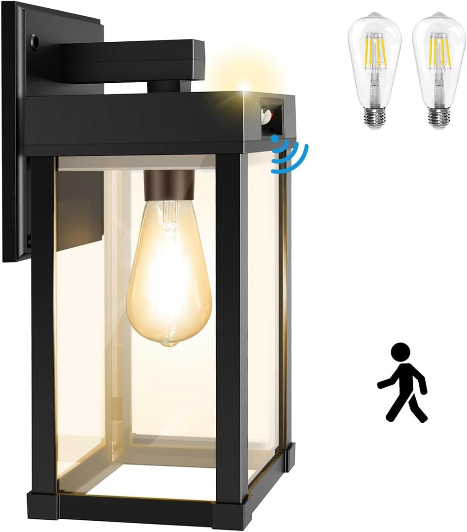 Solar Wall Lights Outdoor with 3 Lighting Modes & Motion Sensor, Solar Porch Light with 2 Bulbs, Waterproof Outdoor Wall Sconce Lantern Light Fixture for Garage Porch Shed Barn Garden Yard Front Door (Black (1 Pack))