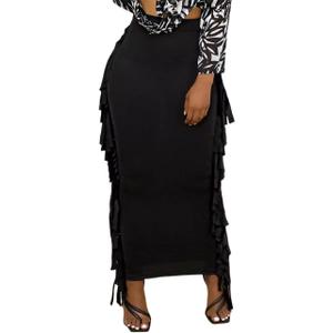 Lrady Women's Elastic Waist Slim Bodycon Side Tassels Long Maxi Pencil Skirts (XX-Large, Black)