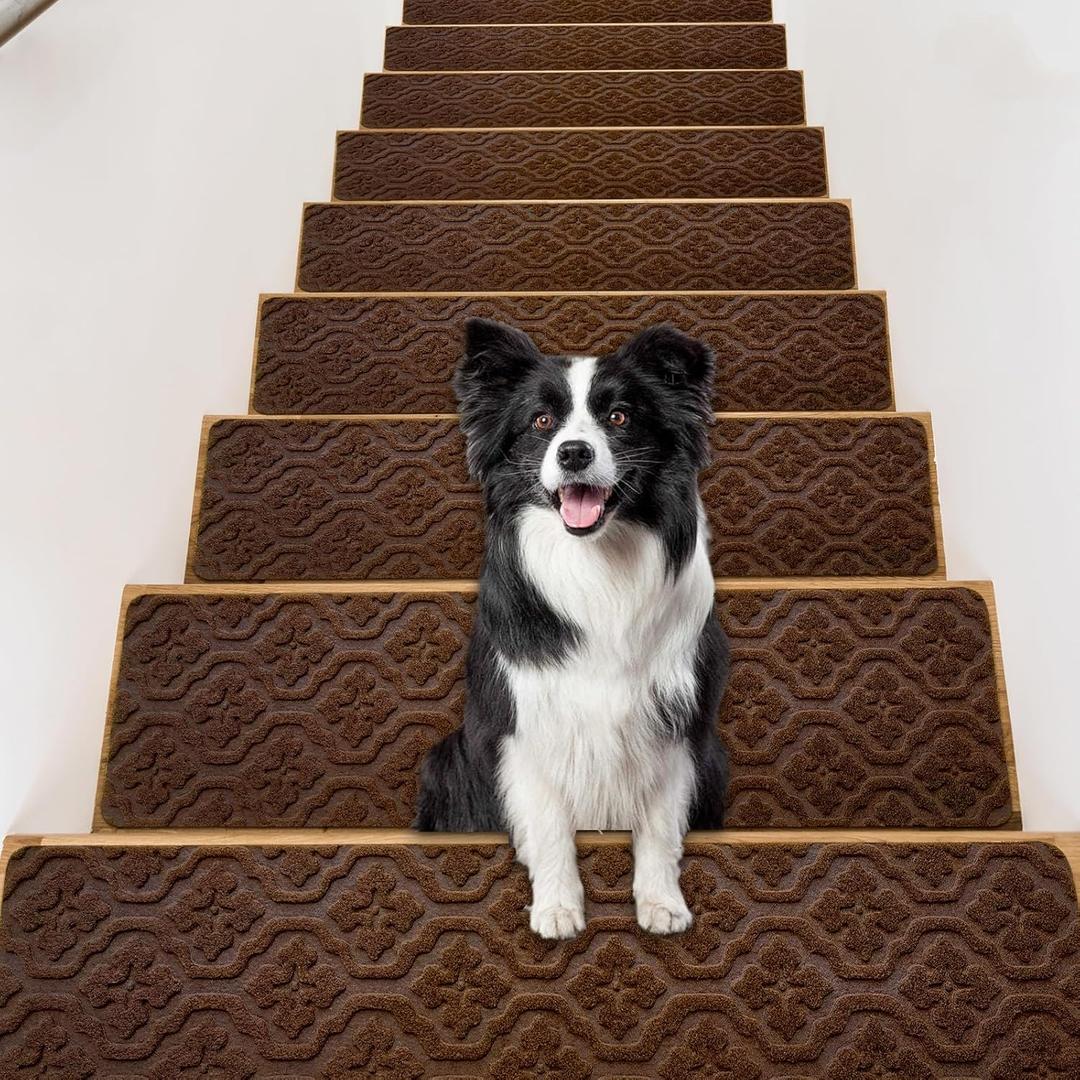 Rubber Non Slip Stair Treads for Wooden Steps Indoor, Reusable Stair Rugs for Elders Kids and Dogs, Machine Washable 8" X 30" (15-Pack)-Petal Brown
