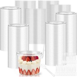 Jingmore 400 Pcs 9 oz Plastic Dessert Cups with Lids,200 Pcs Clear Disposable Parfait Fruit Cups and 200 Spoons,Appetizer Party Containers for Yogurt Puddings Ice Creams Cake Cold Drink (Flat)