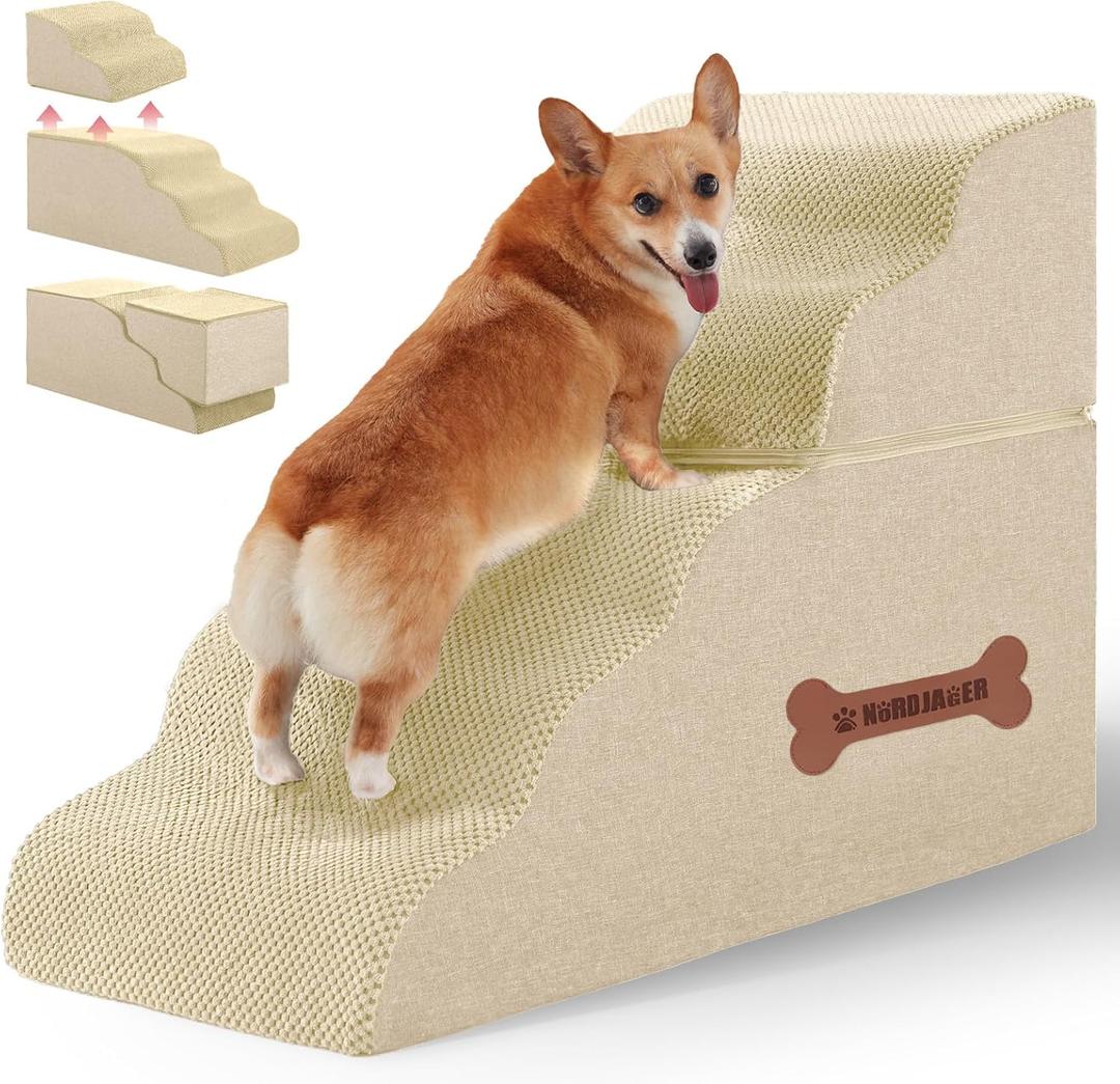 5-Step Spliceable Pet Stairs: Indoor& Outdoor Multi-Use with a Removable Cover and a Pocket, Best for Small Pets and Older Dogs Who Has Spine and Arthritis Issues to Get on High Beds, Beige22.8" H