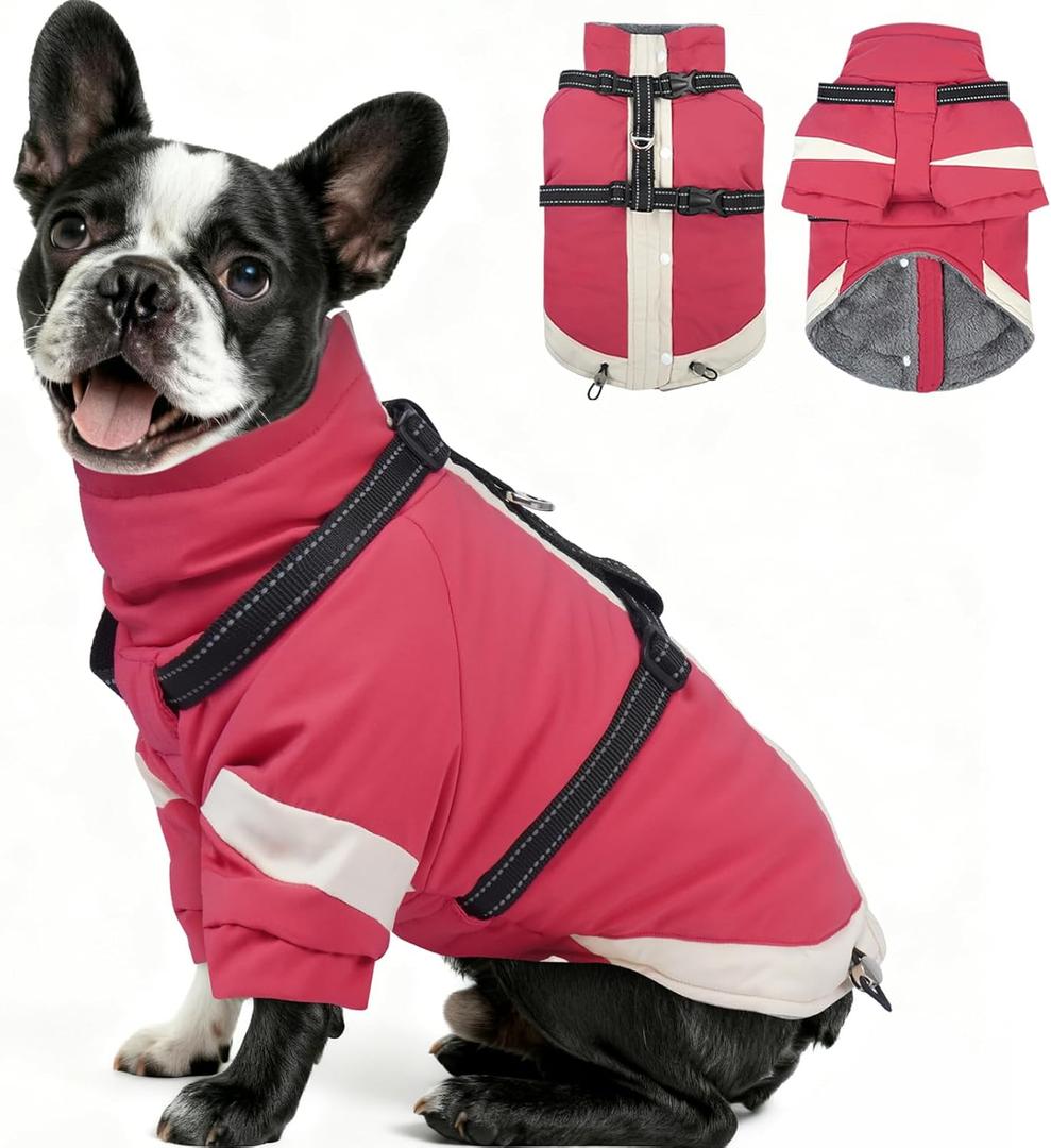 MIGOHI Dog Coat with Harness Built in, 2-in-1 Water-Resistant Dog Jacket, Thermal Fleece Lined Coat with Reflective Strips for Medium Dogs, Zip Up Closure, French Bulldog, Pink, M