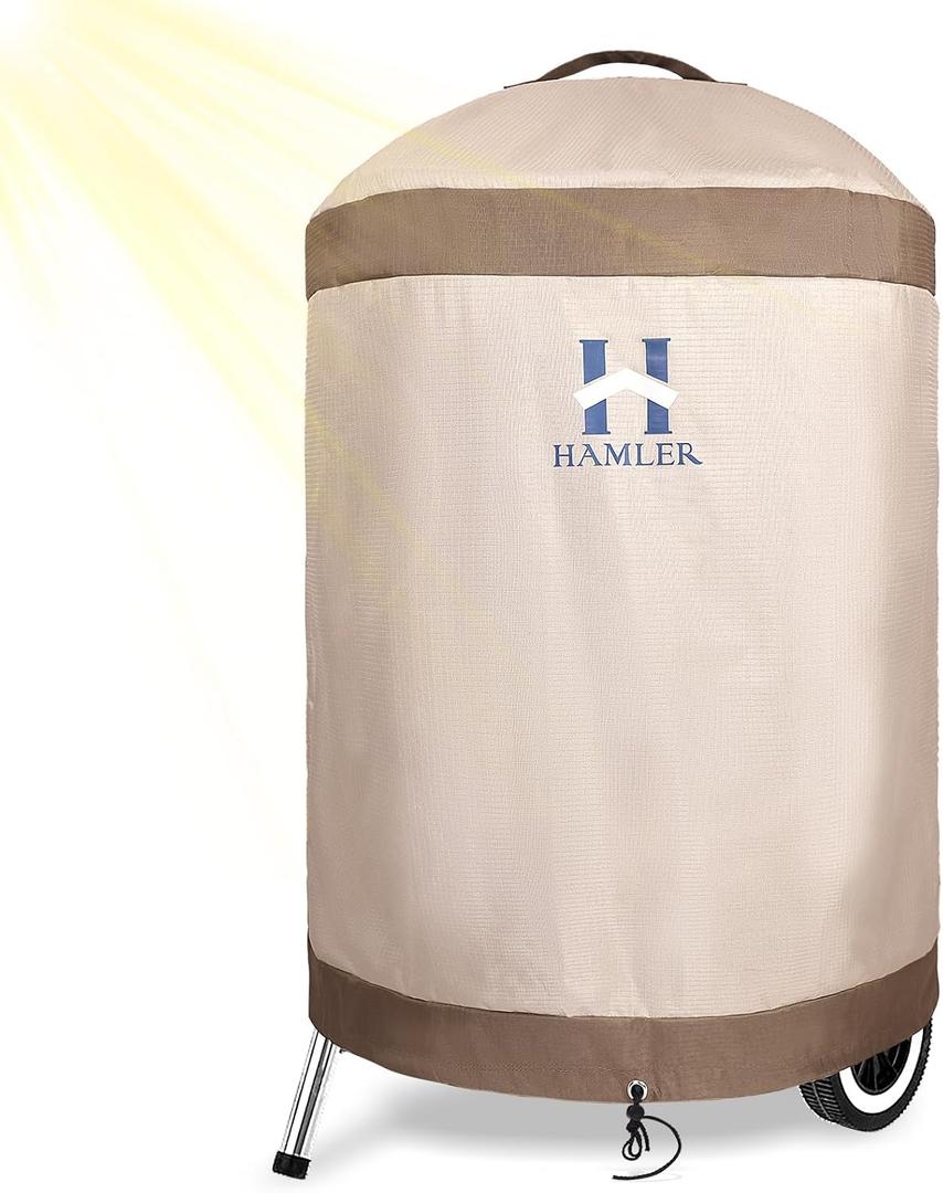 HAMLER Round Barbecue Cover, 39 Inch Small Smoker Cover, Heavy Duty Waterproof Outdoor Grill Cover Fits Weber, Charcoal Kettle, Masterbuilt, Dyna-Glo, Brown & Beige